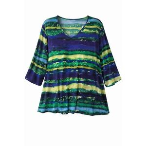 Susan Graver Womens 2X Liquid Knit 3/4 Sleeve Abstract Stripe Tunic Blue Green